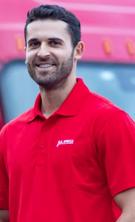 Close-up of male U.S. Xpress driver with red shirt